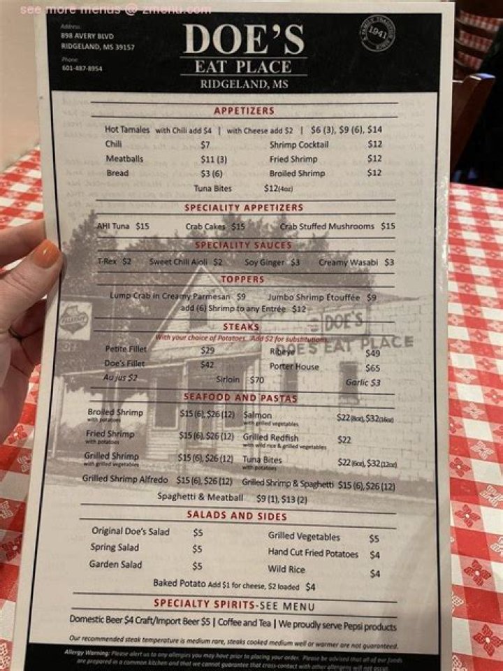 Does eat place ridgeland menu?